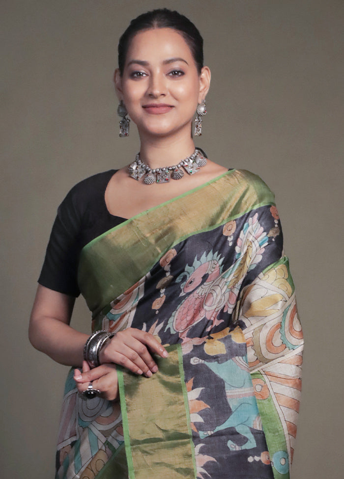 Green Handloom Tussar Pure Silk Saree With Blouse Piece