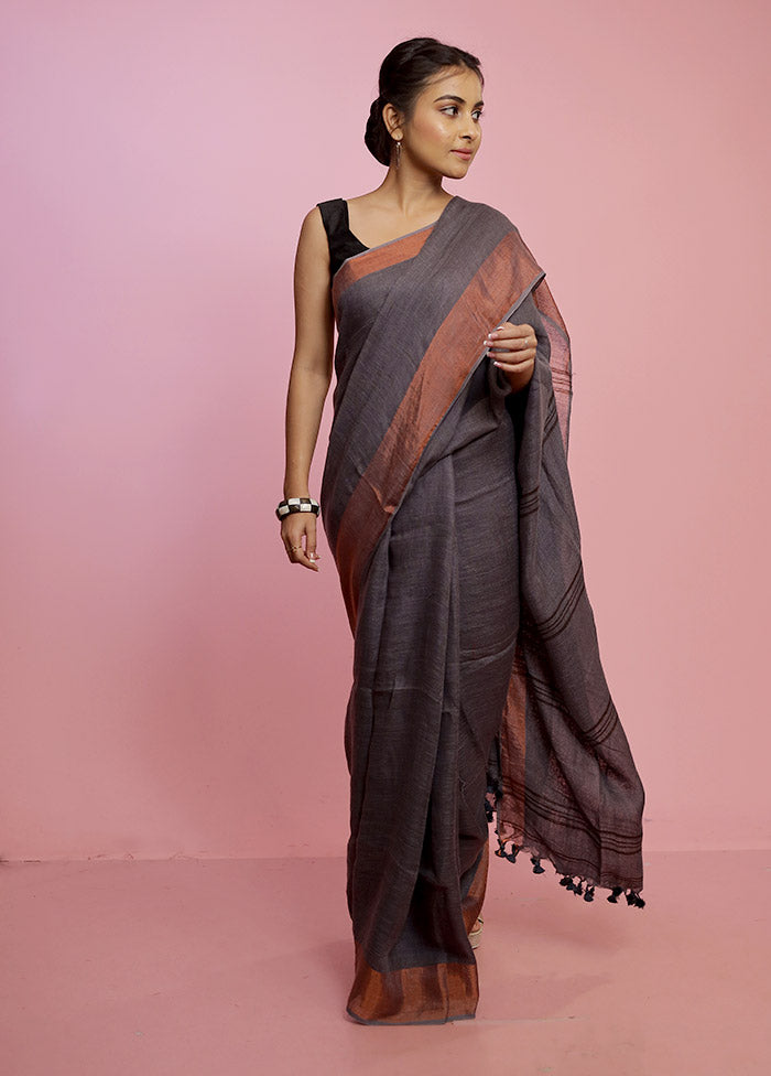 Grey Solid Linen Silk Saree With Blouse Piece