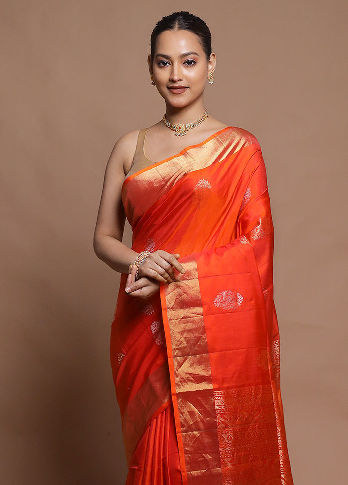 Orange Handloom Kanjivaram Pure Silk Saree With Blouse Piece