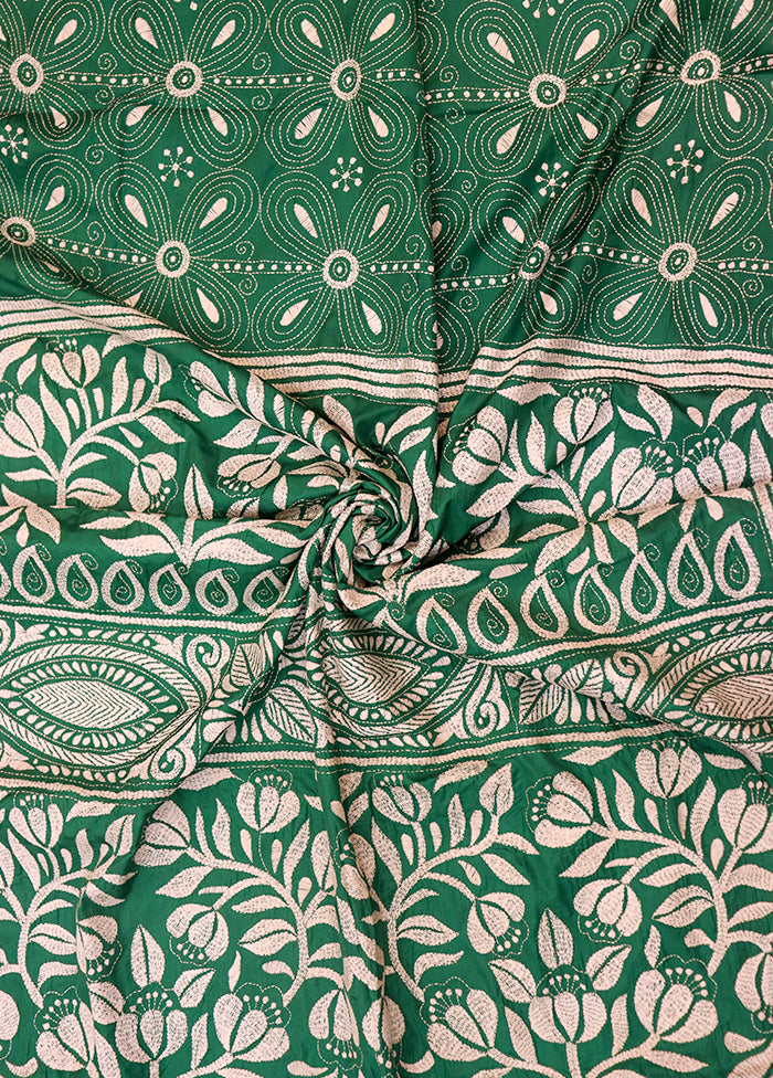Green Kantha Stitch Silk Saree With Blouse Piece