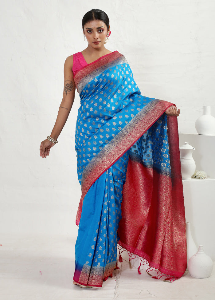 Blue Dupion Silk Saree With Blouse Piece