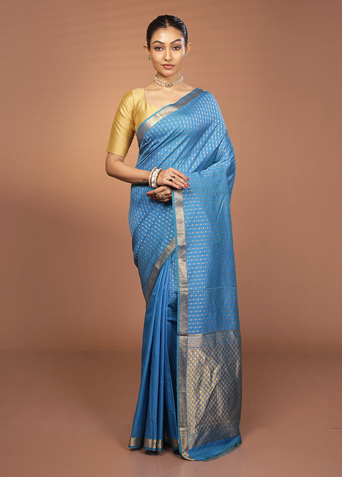 Blue Kanjivaram Silk Saree With Blouse Piece