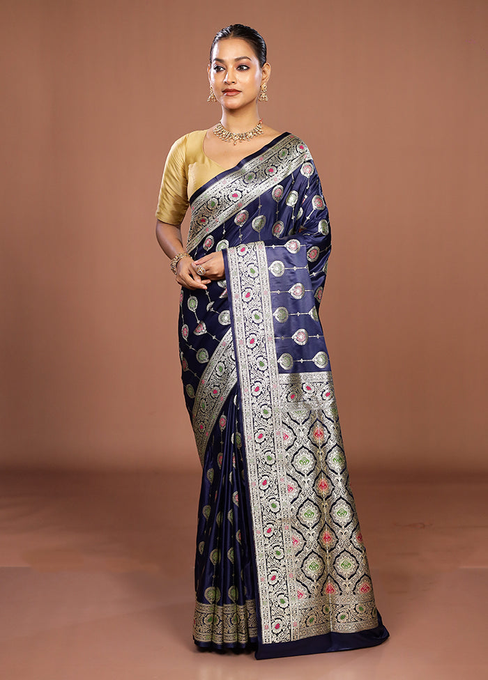 Blue Banarasi Silk Saree With Blouse Piece