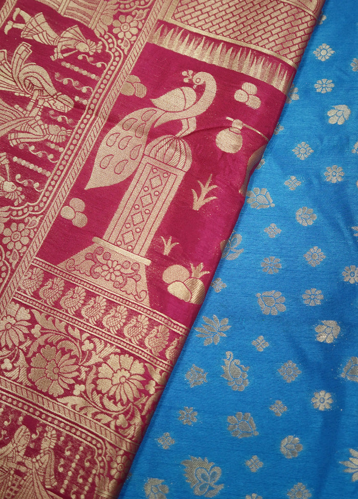 Blue Dupion Silk Saree With Blouse Piece