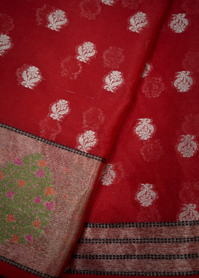 Red Dupion Silk Saree With Blouse Piece