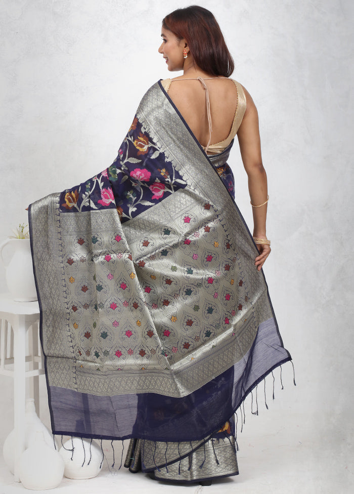 Blue Kora Silk Saree With Blouse Piece