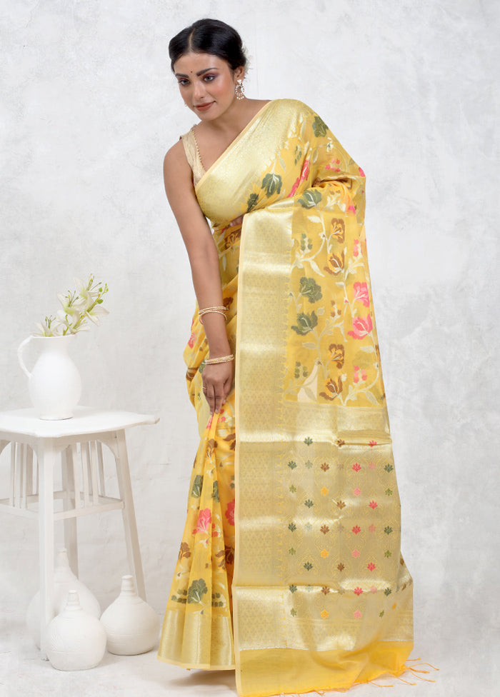 Yellow Kora Silk Saree With Blouse Piece