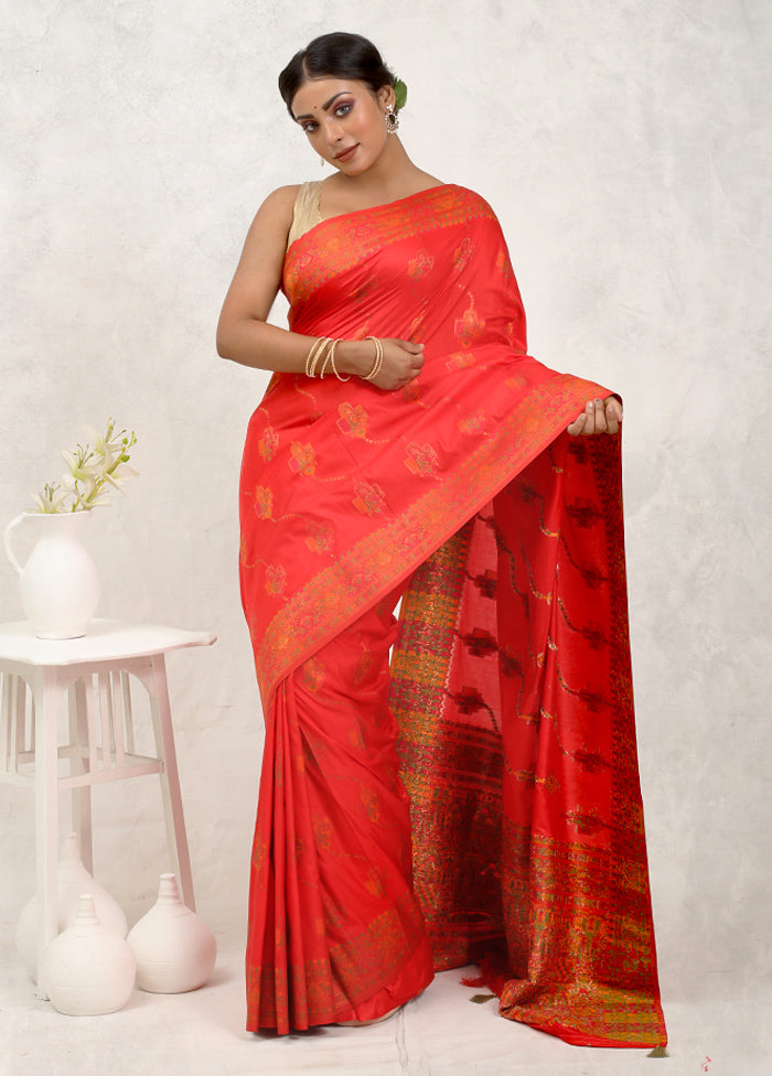 Orange Dupion Silk Saree With Blouse Piece