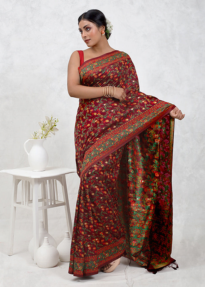 Maroon Dupion Silk Saree With Blouse Piece