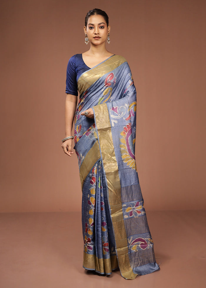 Blue Tussar Silk Saree With Blouse Piece