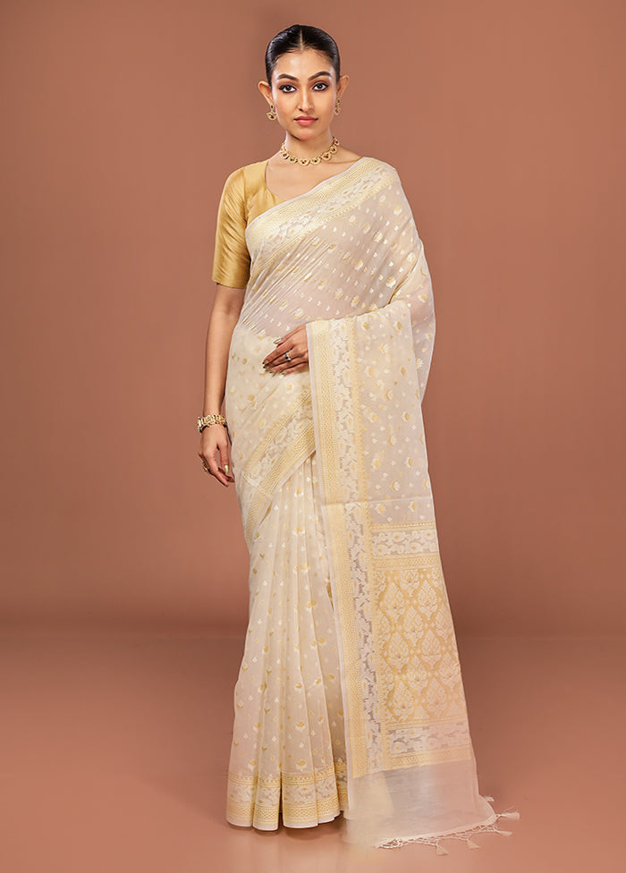 Cream Kora Silk Saree With Blouse Piece