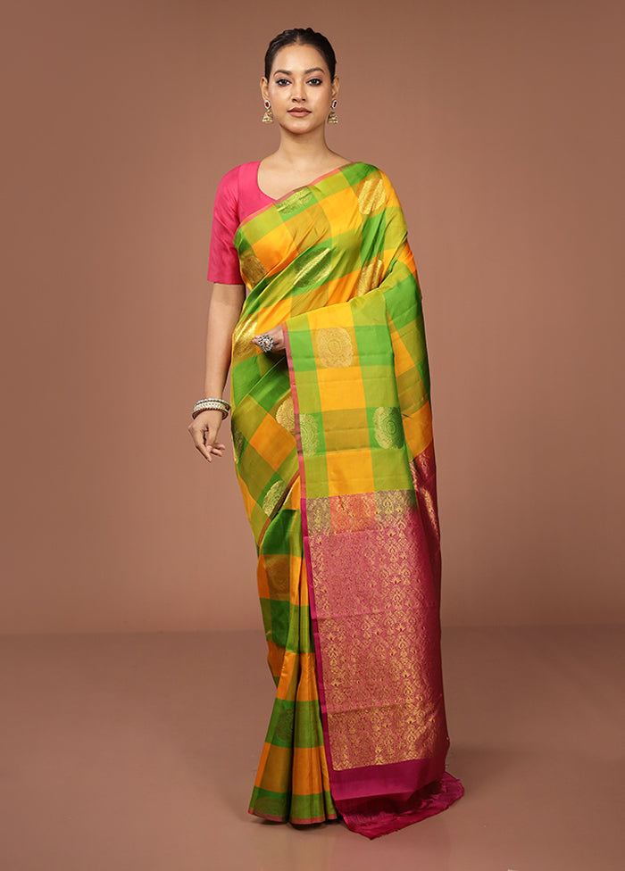 Multicolor Handloom Kanjivaram Pure Silk Saree With Blouse Piece