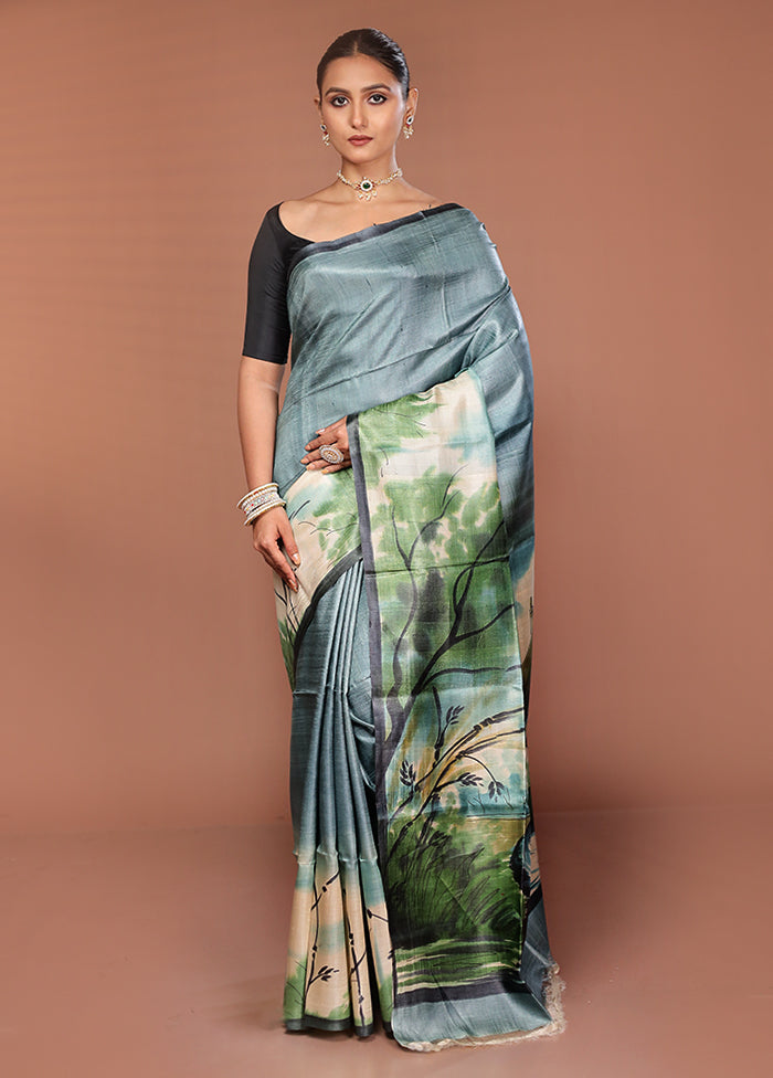 Multicolor Handloom Tussar Pure Silk Saree With Blouse Piece