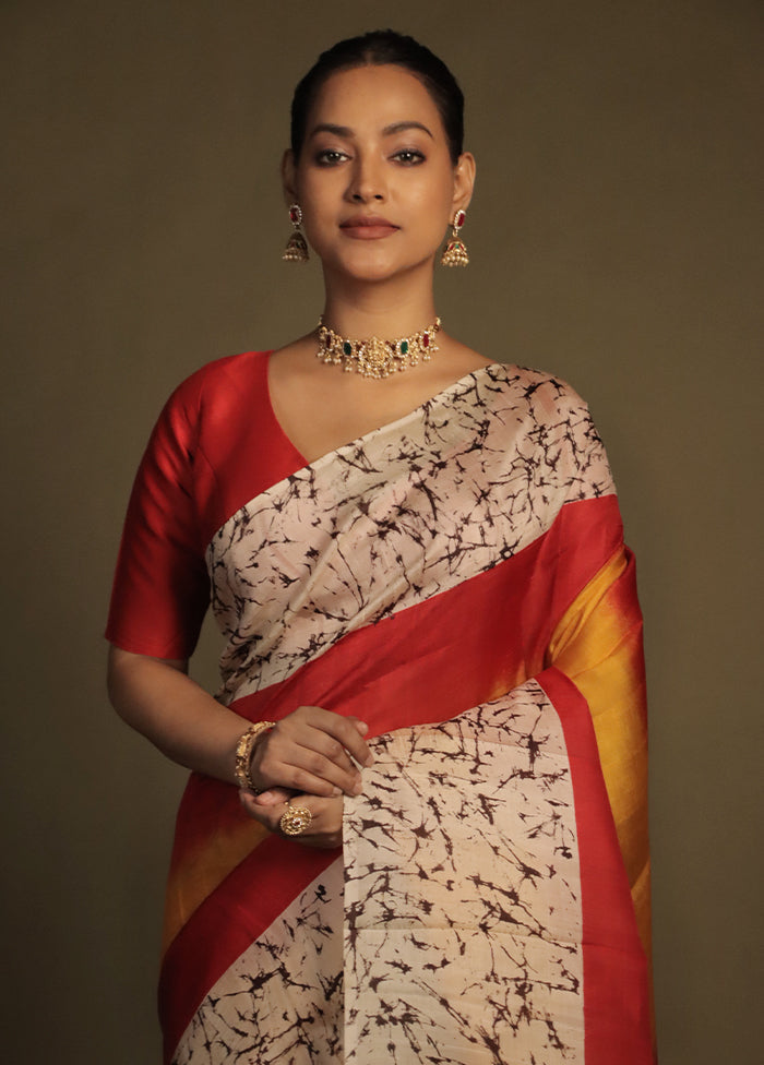 Red Printed Pure Silk Saree Without Blouse Piece