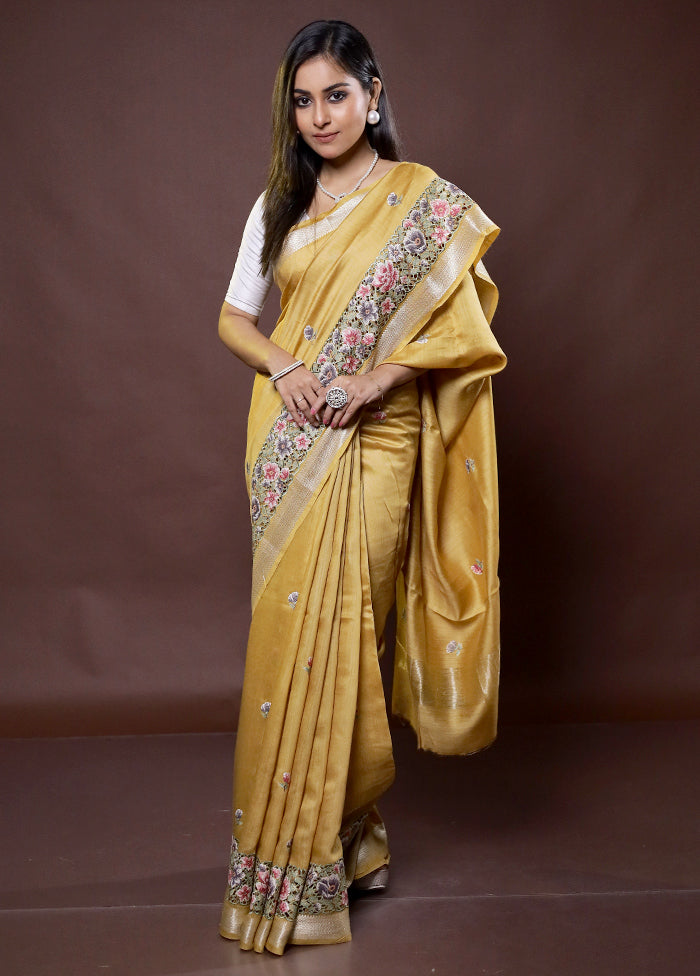 Yellow Handloom Pure Muga Dupion Silk Saree With Blouse Piece