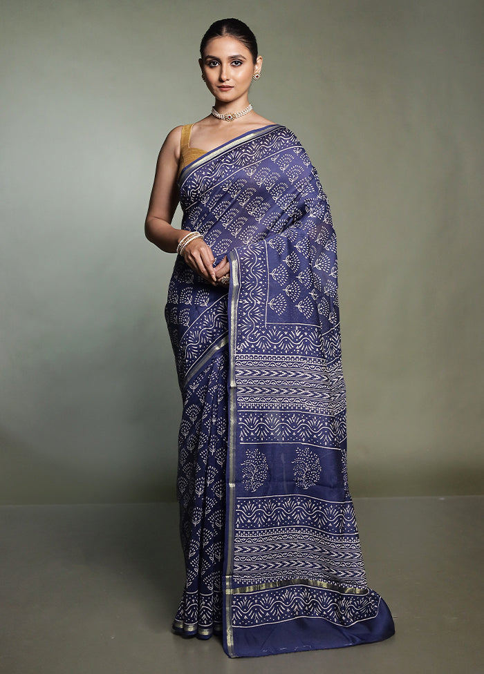 Blue Chanderi Cotton Saree With Blouse Piece