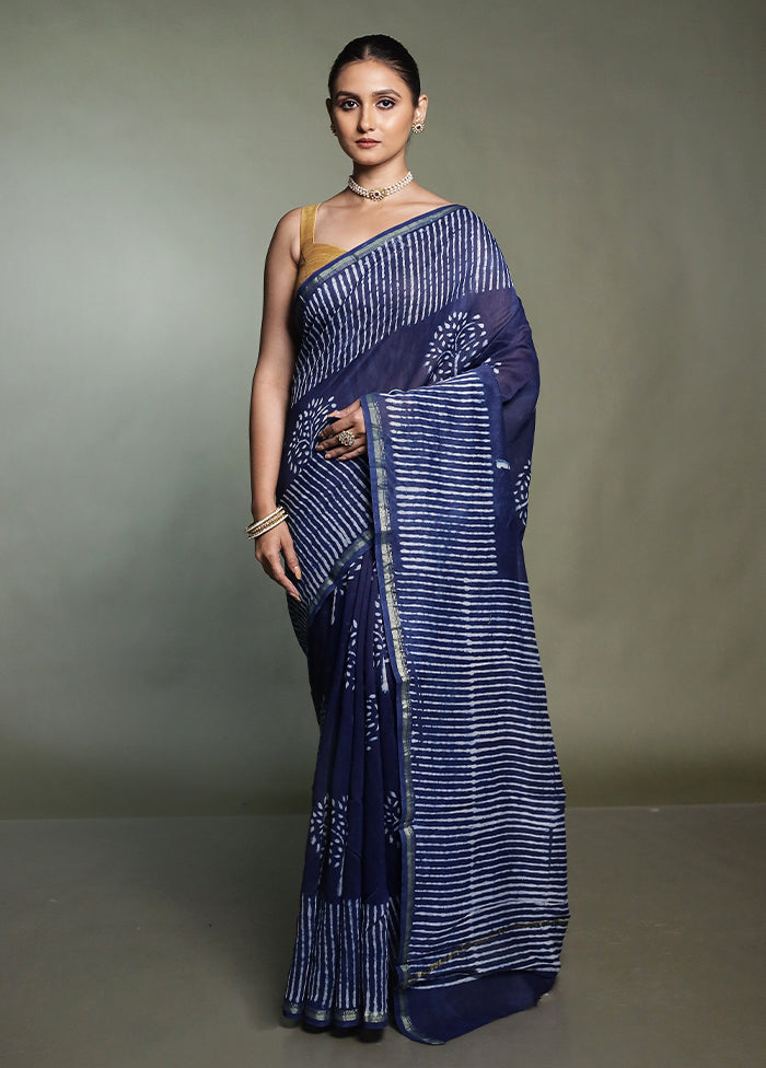 Blue Chanderi Cotton Saree With Blouse Piece