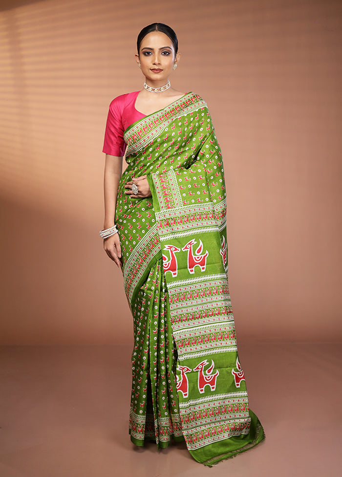 Green Printed Pure Silk Saree Without Blouse Piece