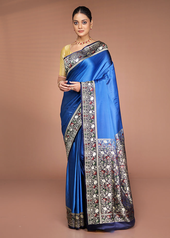 Blue Handloom Banarasi Pure Silk Saree With Blouse Piece