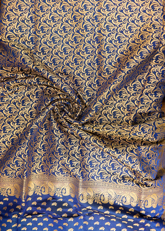 Blue Handloom Banarasi Pure Silk Saree With Blouse Piece