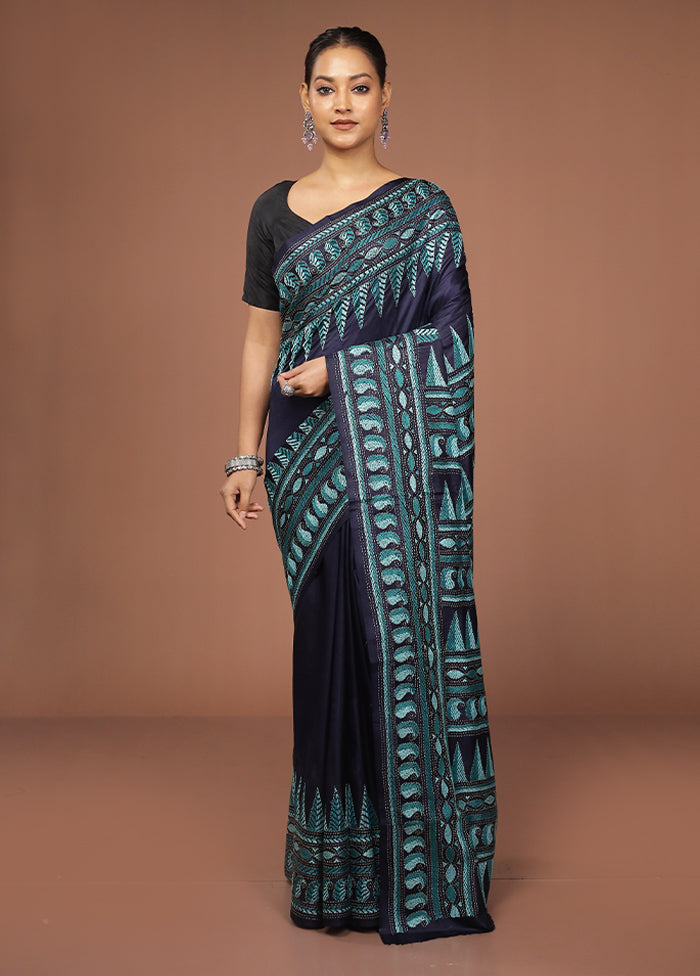 Multicolor Handloom Kantha Stitch Pure Silk Saree With Blouse Piece