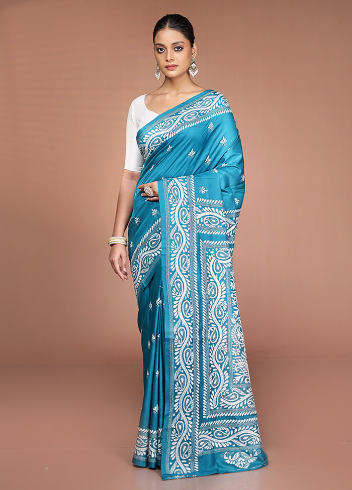 Green Handloom Kantha Stitch Pure Silk Saree With Blouse Piece