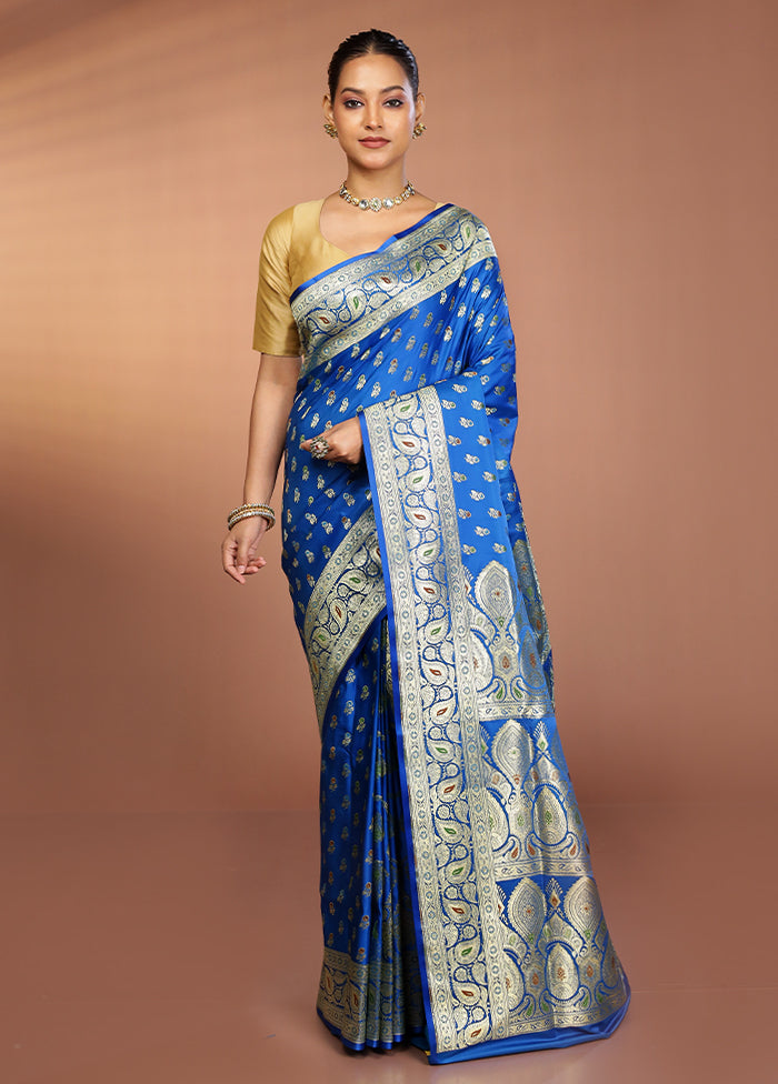 Blue Banarasi Silk Saree With Blouse Piece