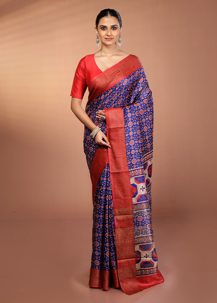 Blue Tussar Silk Saree With Blouse Piece