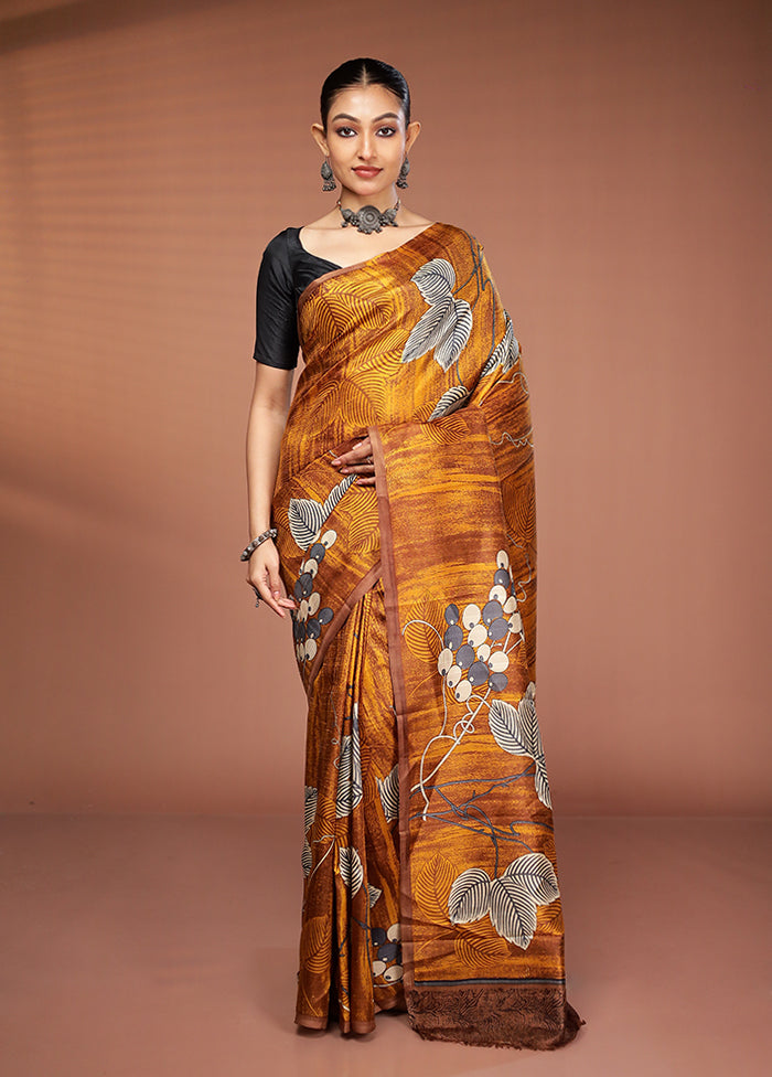Yellow Printed Pure Silk Saree Without Blouse Piece
