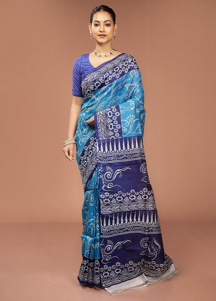 Blue Printed Pure Silk Saree Without Blouse Piece