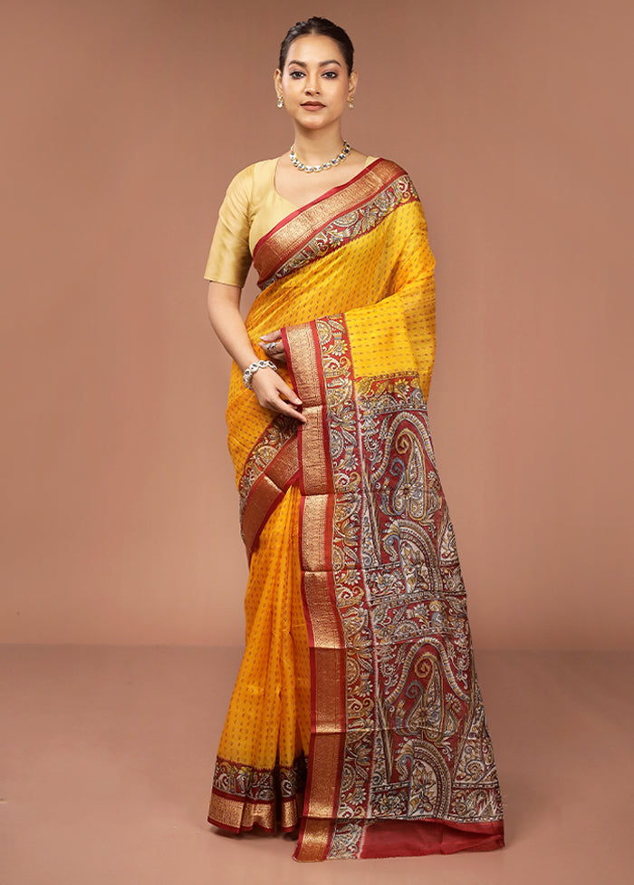 Yellow Printed Pure Silk Saree Without Blouse Piece