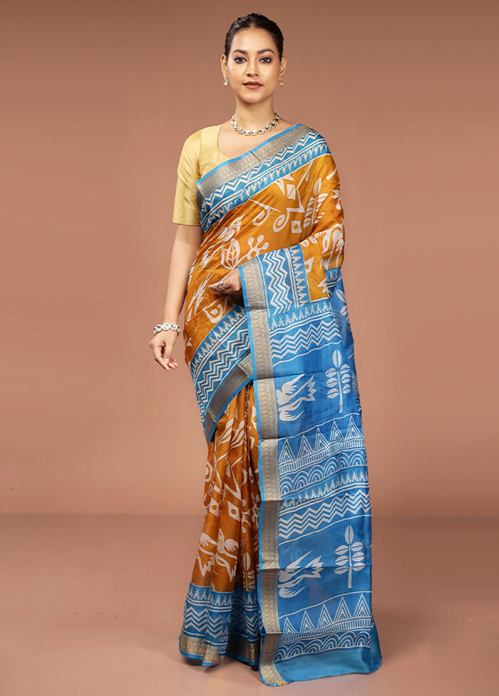 Yellow Printed Pure Silk Saree Without Blouse Piece