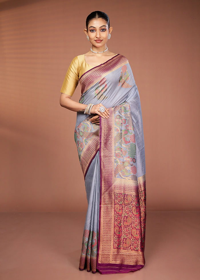 Grey Dupion Silk Saree With Blouse Piece