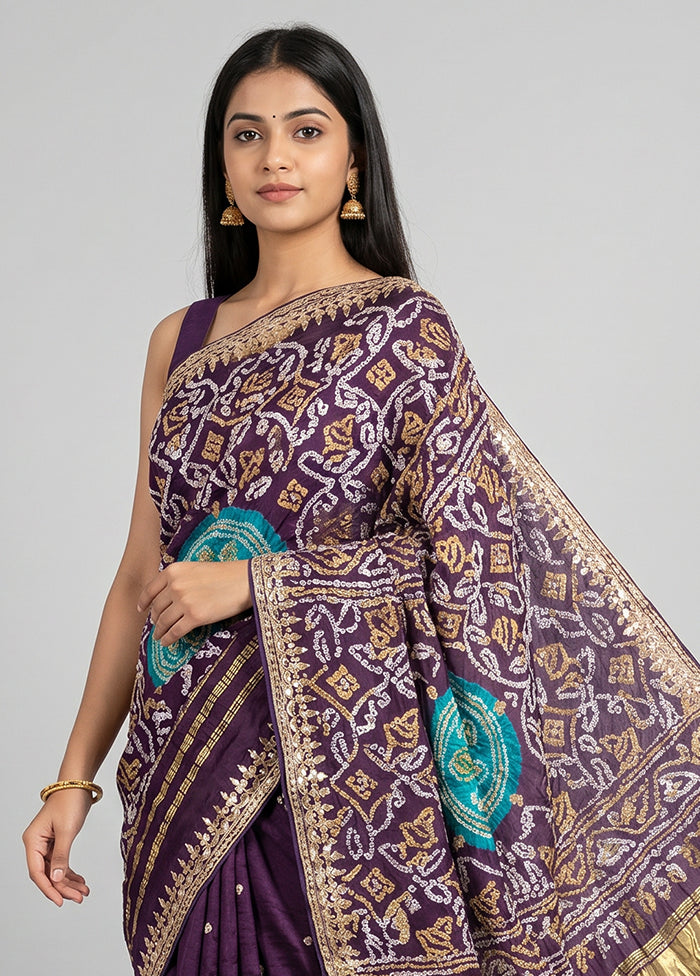 Purple Bandhej Silk Saree With Blouse Piece