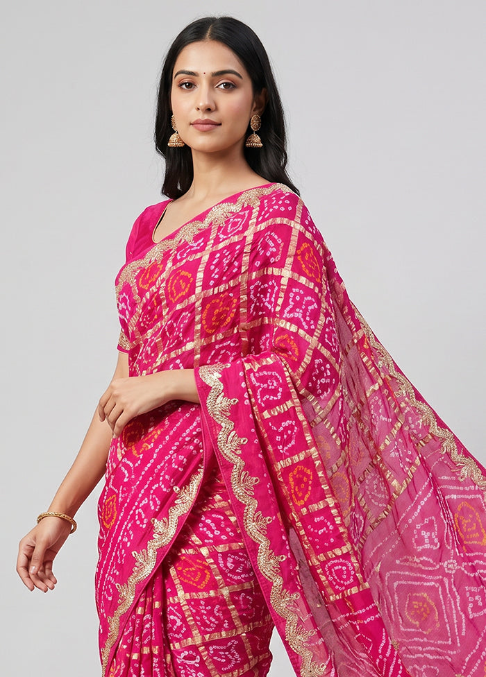 Pink Bandhej Silk Saree With Blouse Piece