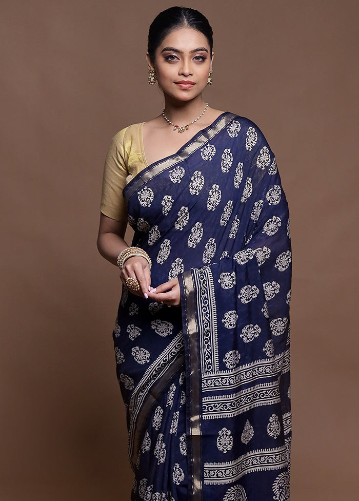 Blue Chanderi Cotton Saree With Blouse Piece