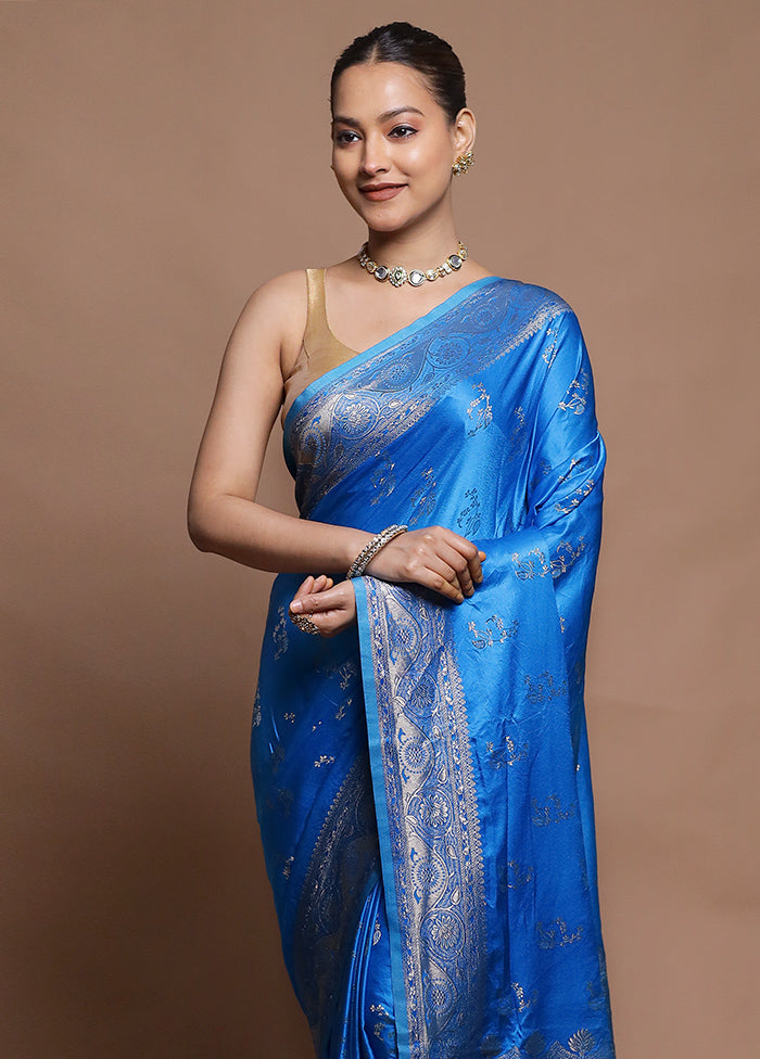 Blue Dupion Silk Saree With Blouse Piece