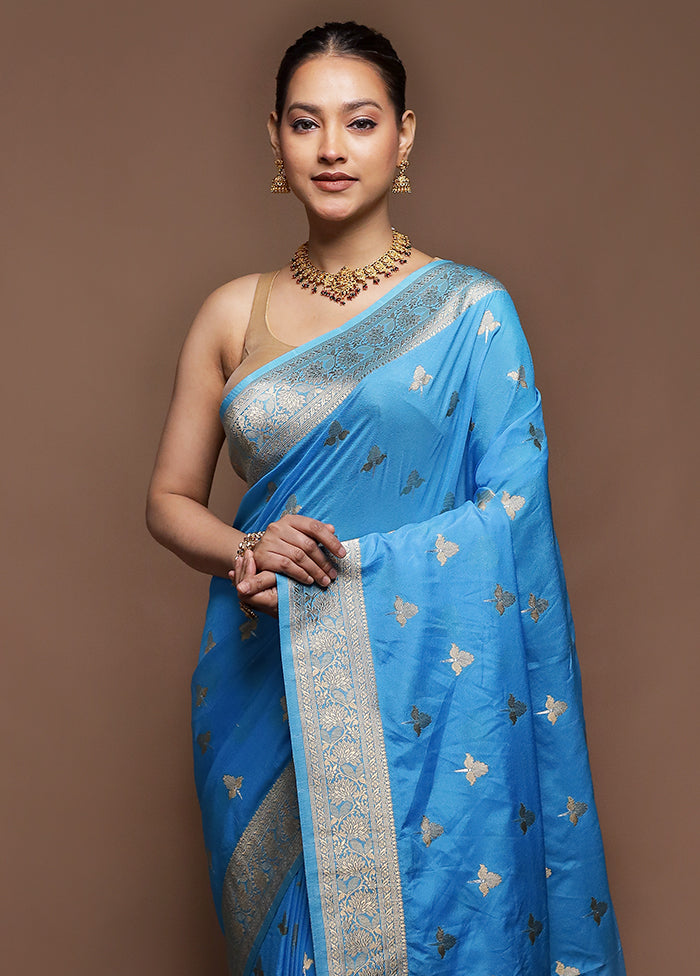 Blue Dupion Silk Saree With Blouse Piece