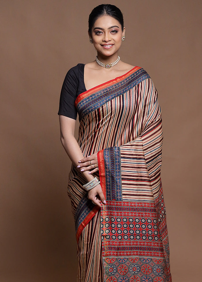 Cream Chanderi Cotton Saree With Blouse Piece