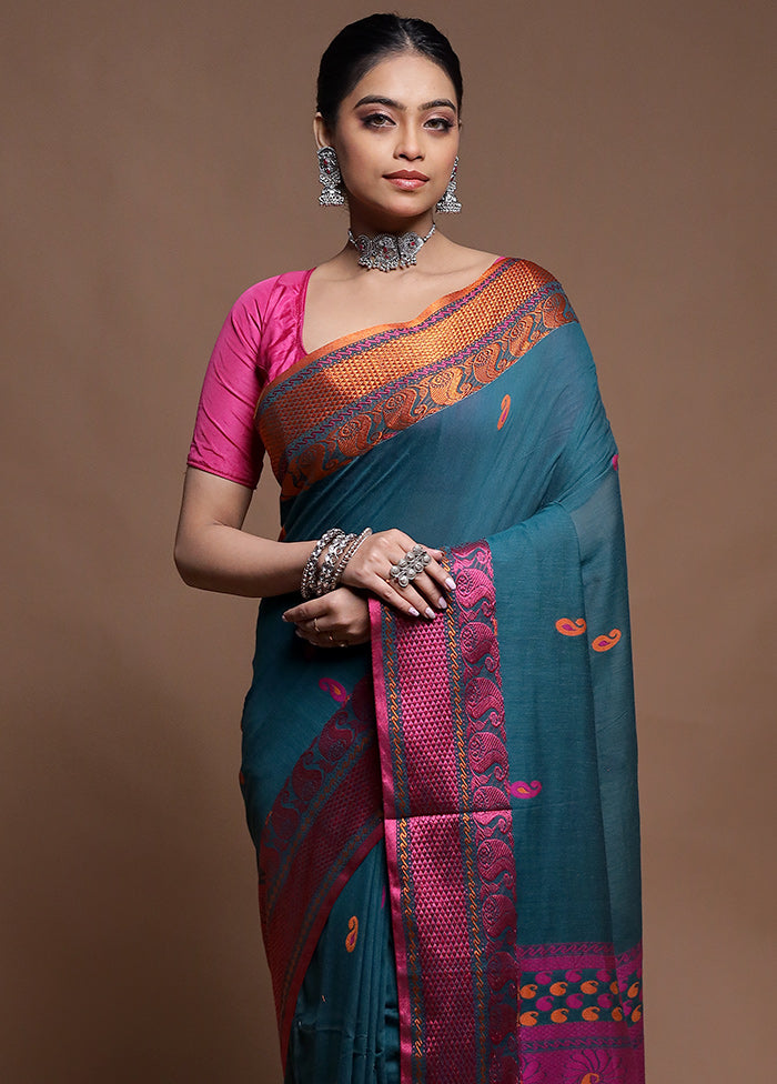 Green Cotton Saree With Blouse Piece