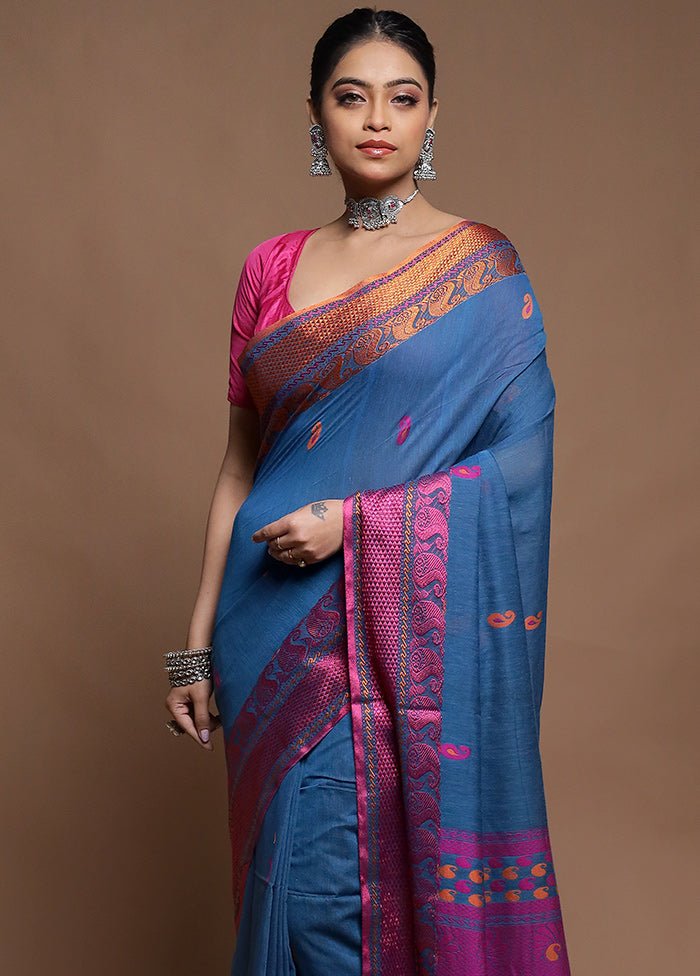 Blue Cotton Saree With Blouse Piece
