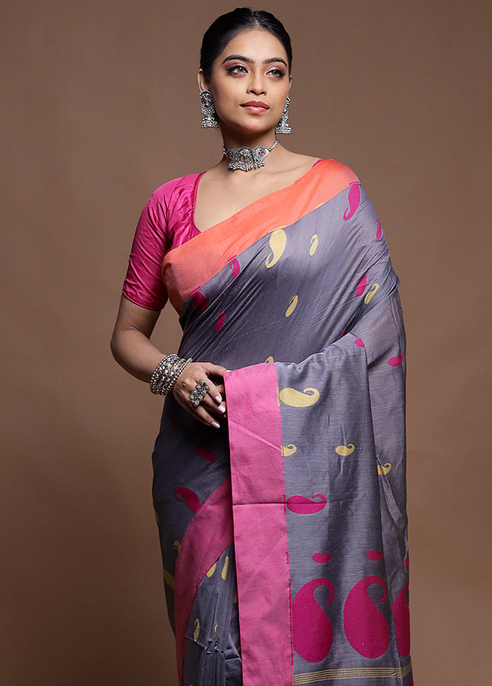 Grey Pure Cotton Saree With Blouse Piece