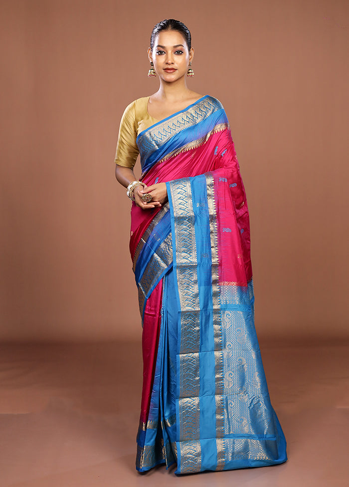 Pink Handloom Kanjivaram Pure Silk Saree With Blouse Piece