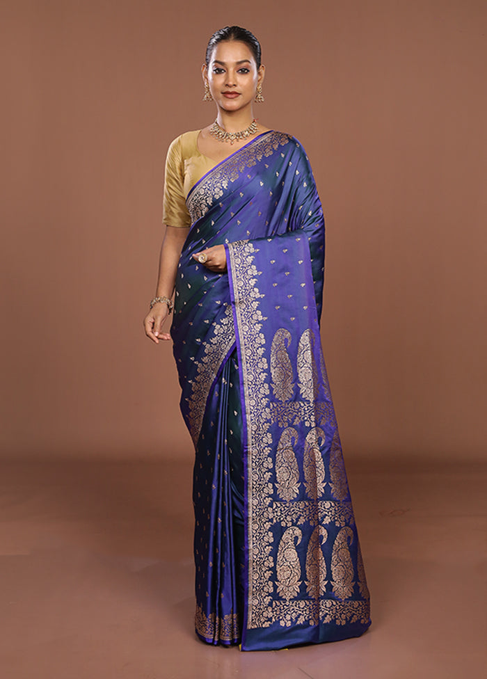Blue Banarasi Silk Saree With Blouse Piece