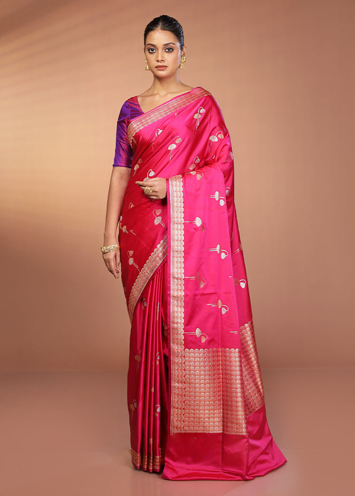 Pink Handloom Banarasi Pure Silk Saree With Blouse Piece