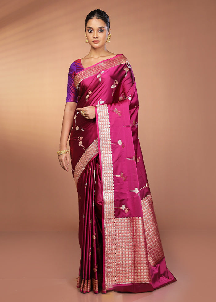 Purple Handloom Banarasi Pure Silk Saree With Blouse Piece