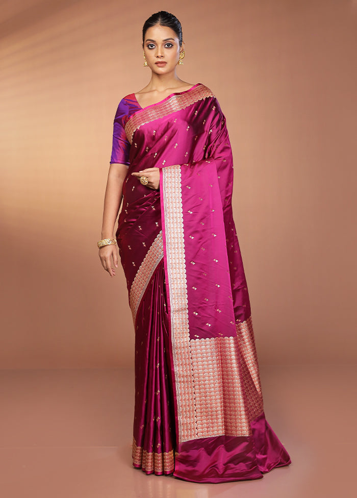 Purple Handloom Banarasi Pure Silk Saree With Blouse Piece