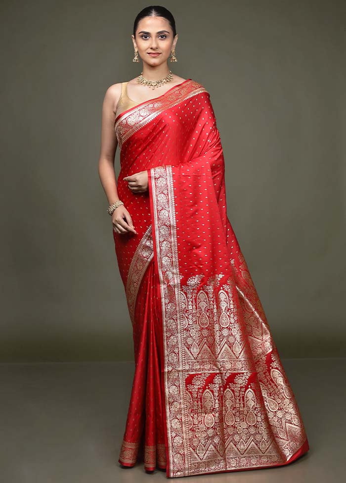 Red Banarasi Silk Saree With Blouse Piece