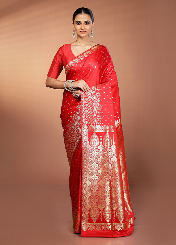 Red Banarasi Silk Saree With Blouse Piece