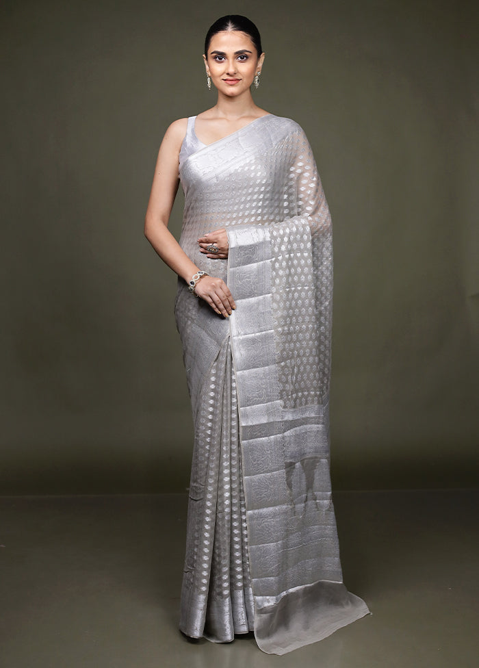 Grey Kora Silk Saree With Blouse Piece